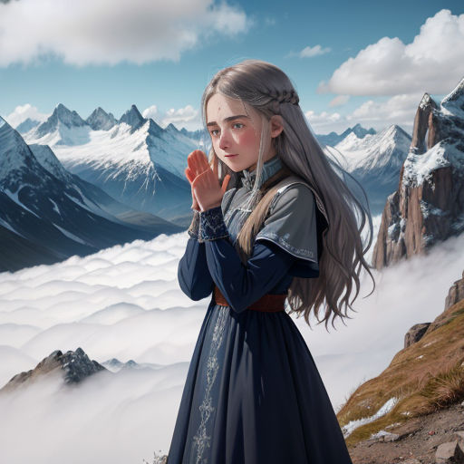 a girl in a blue dress standing in front of a mountain range with her hands together in prayer, with a mountain range in the background