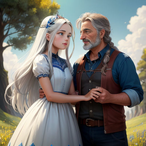 a man and a woman standing next to each other in a field of flowers and trees, with a man in a blue shirt and white dress