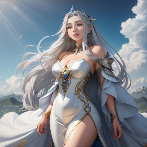 a woman dressed in a white dress with a sword and a crown on her head and a white dress with gold trim