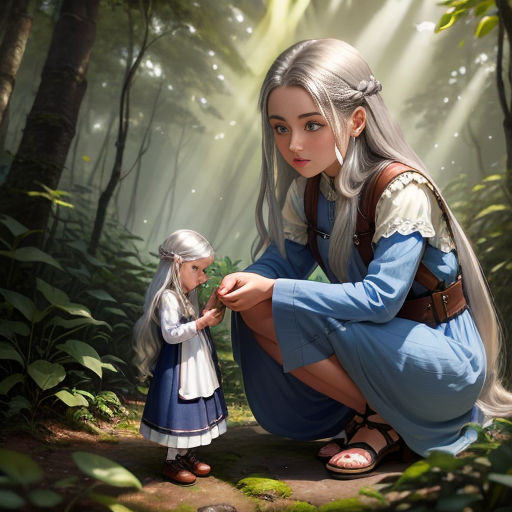 a painting of a girl and a girl in a forest with a light shining through the trees and a little girl in a blue dress