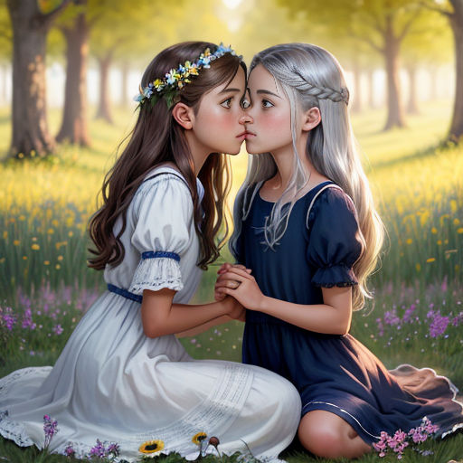 two girls sitting in a field of flowers kissing each other with a forest in the background behind them and a sunflower in the foreground