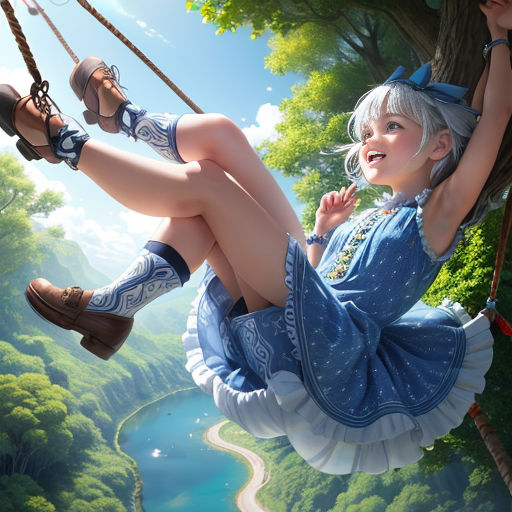 a girl in a blue dress is swinging on a rope swing in a forest with a river and a road