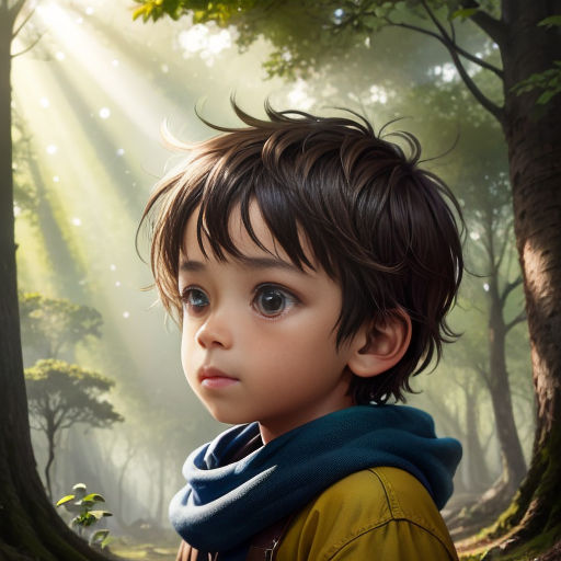 a young boy with a scarf on his head in a forest with sunlight streaming through the trees and a sunbeam
