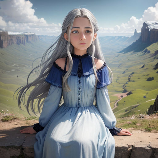 a woman in a blue dress sitting on a rock wall with a mountain view behind her and a valley in the background