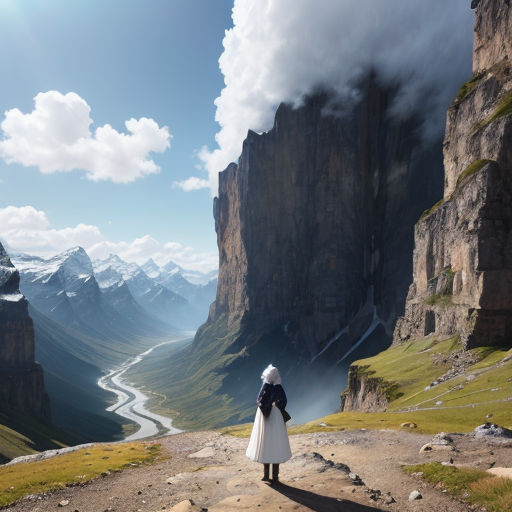 a woman standing on a mountain looking at a valley and mountains in the distance with a river running through it