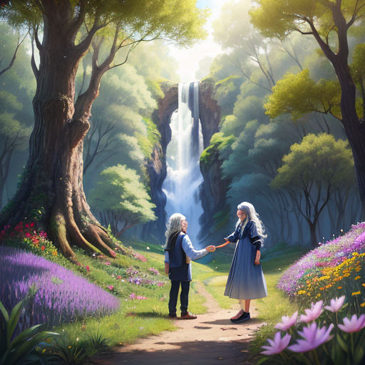 a painting of two people standing in a forest holding hands and looking at a waterfall in the distance with trees and flowers