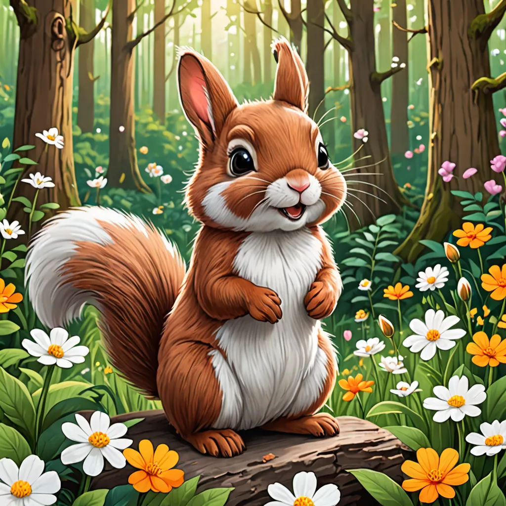 a squirrel sitting on a log in a forest with daisies and daisies around it, with a sunbeam in the background, furry art, a character portrait, Chris LaBrooy, character portrait