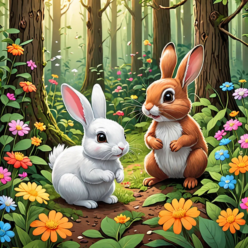 a painting of two rabbits in a forest with flowers and trees in the background, one of them is holding the other's hand, naive art, a detailed painting, Anne Stokes, rossdraws global illumination