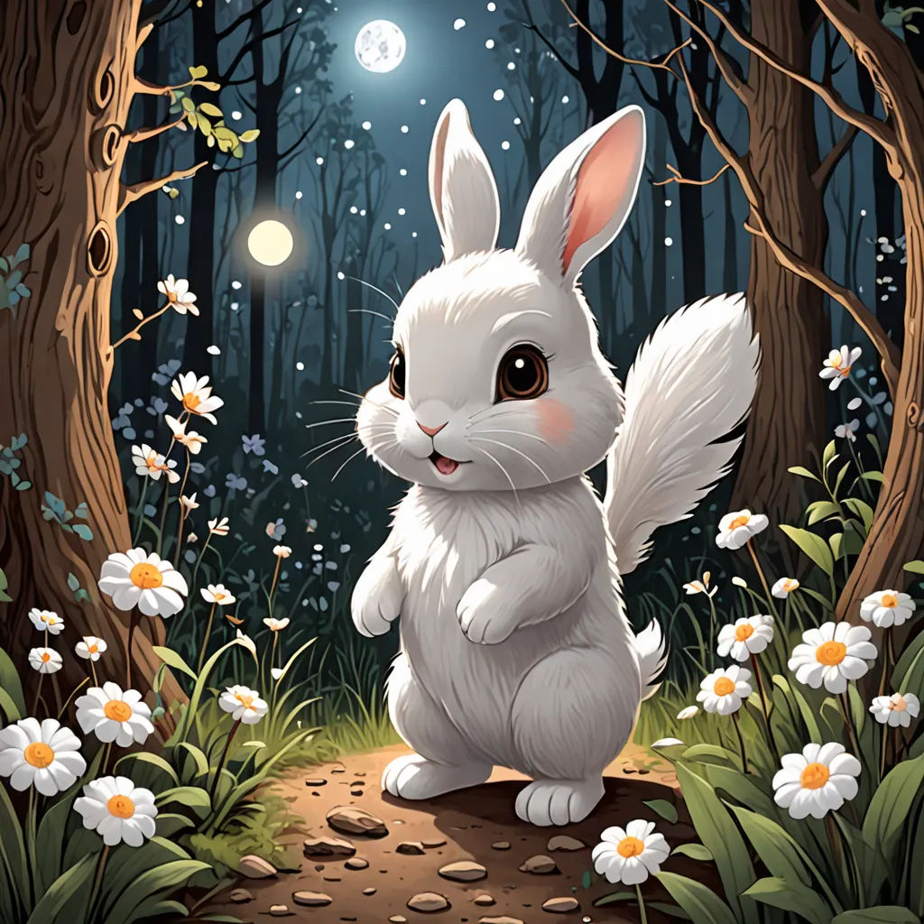 a white rabbit sitting in the middle of a forest with flowers and a full moon in the background,, fantasy art, a storybook illustration, David Martin, rossdraws global illumination