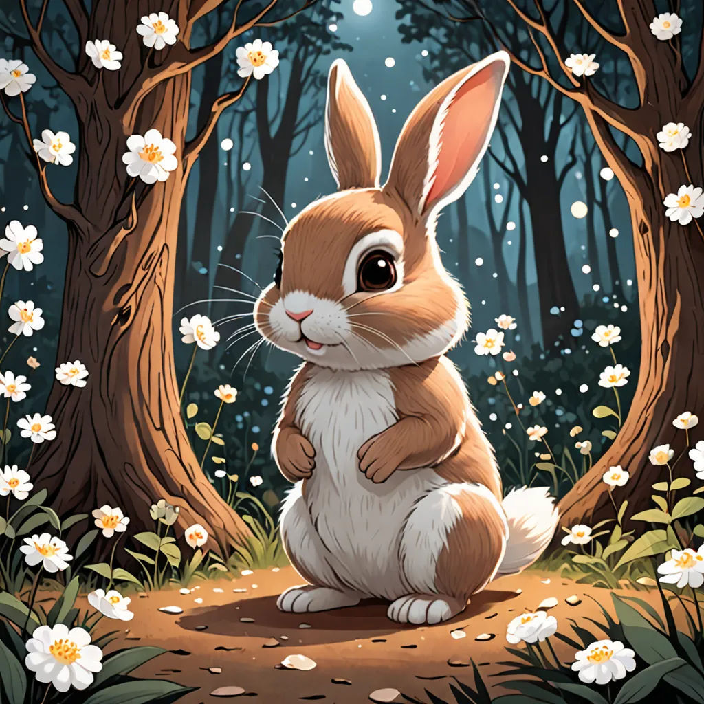 a rabbit sitting in the middle of a forest with flowers around it and a full moon in the background, furry art, a character portrait, Dan Mumford, rossdraws global illumination