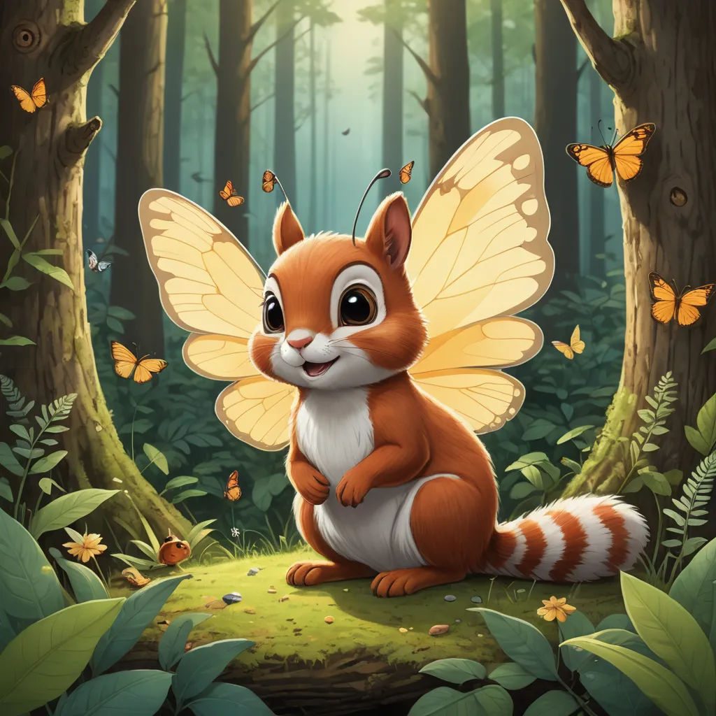 a cartoon squirrel with a butterfly wings sitting in the forest with butterflies around it and a forest background with butterflies, fantasy art, a character portrait, Chris LaBrooy, behance hd