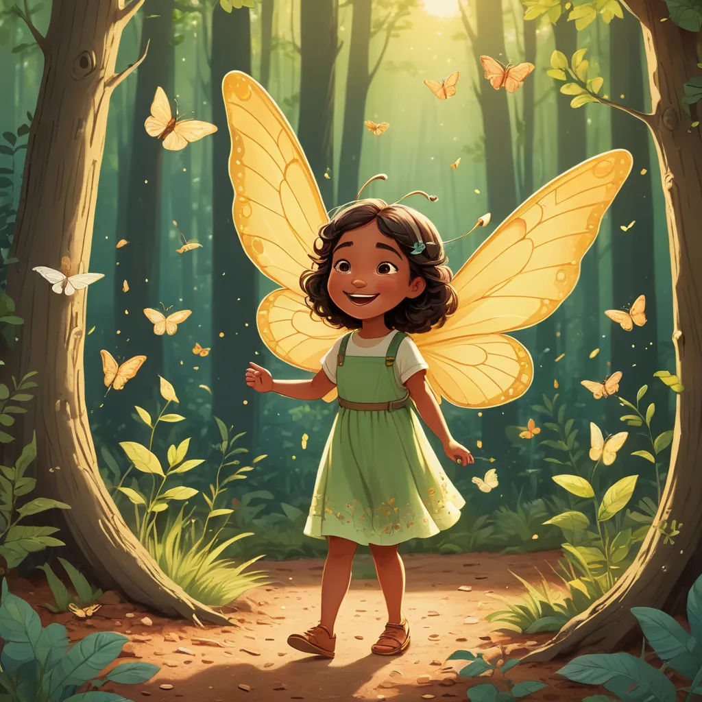 a little girl in a green dress standing in the woods with butterflies flying around her and a forest background, fantasy art, a storybook illustration, Cliff Childs, storybook illustration