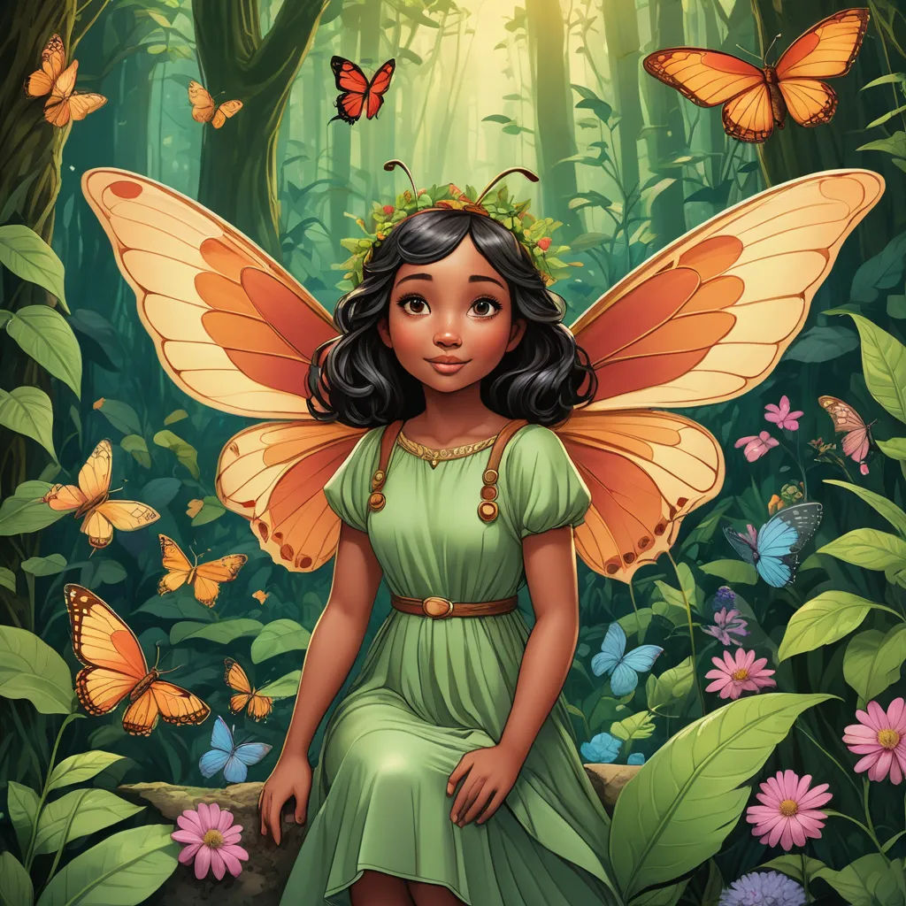 a fairy sitting on a log in a forest with butterflies around her and a butterfly in her hair and a green dress, fantasy art, a storybook illustration, Cliff Childs, kinkade
