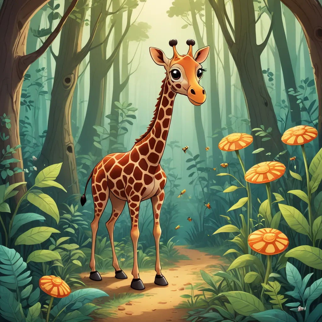 a giraffe standing in the middle of a forest with lots of leaves and mushrooms on the ground, magic realism, a storybook illustration, Chris LaBrooy, highly detailed digital art
