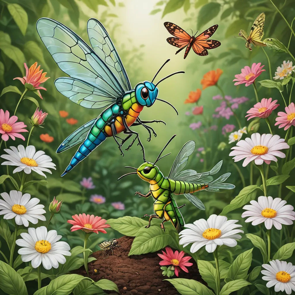 a painting of two bugs and a butterfly in a field of flowers and daisies with butterflies flying above, fantasy art, a storybook illustration, Chris LaBrooy, highly detailed digital painting