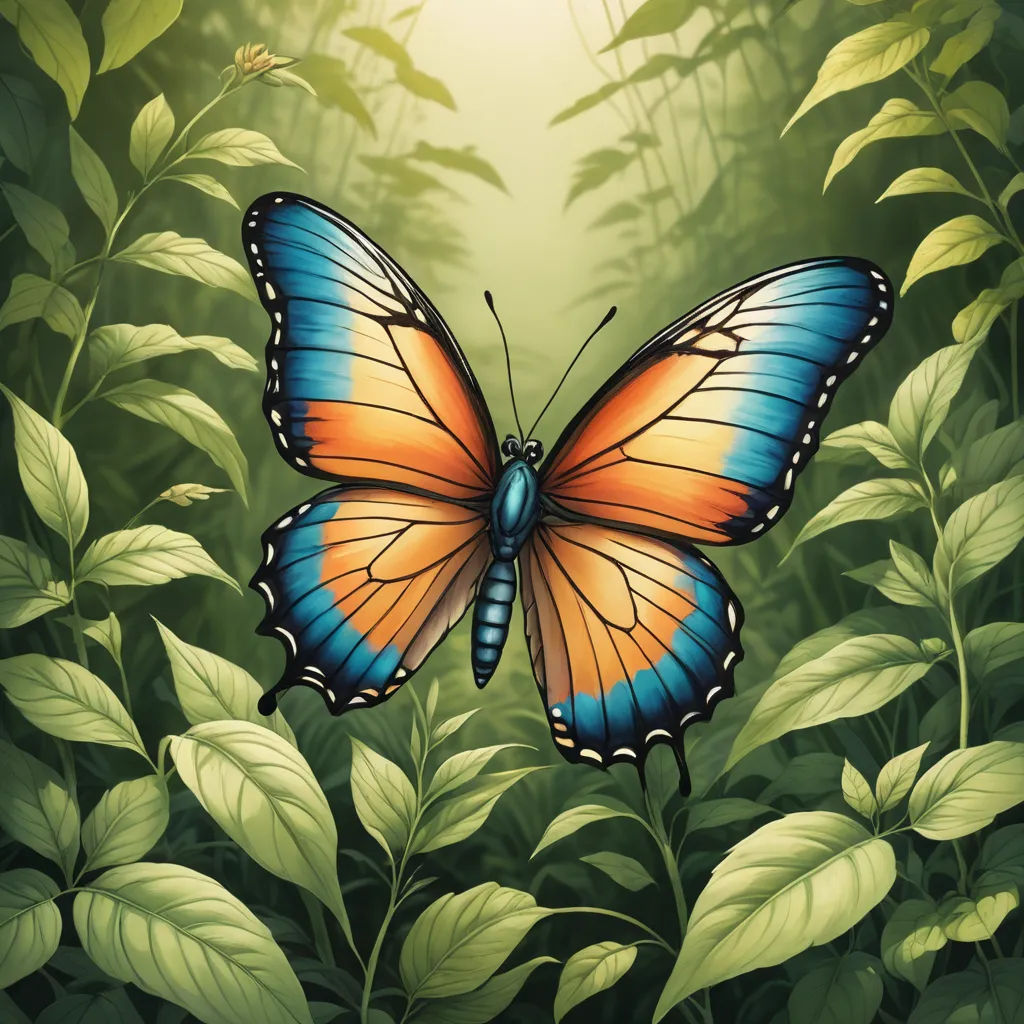 a butterfly flying over a lush green forest filled with leaves and flowers on a sunny day with a bright sun shining through the leaves, naturalism, a storybook illustration, Dirk Crabeth, highly detailed digital painting