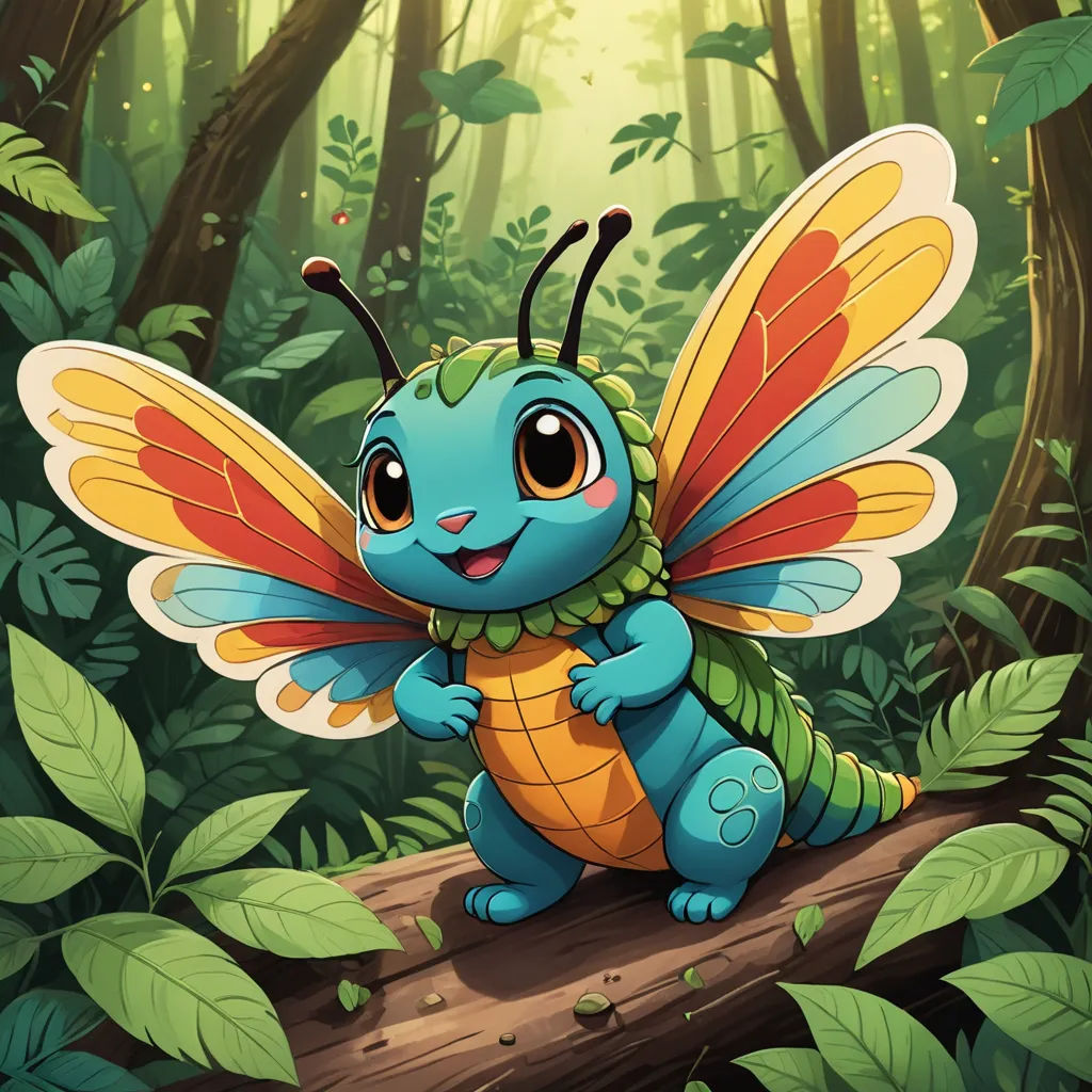 a cartoon character sitting on a log in the forest with a butterfly on it's back and wings, sots art, a character portrait, Craola, game art