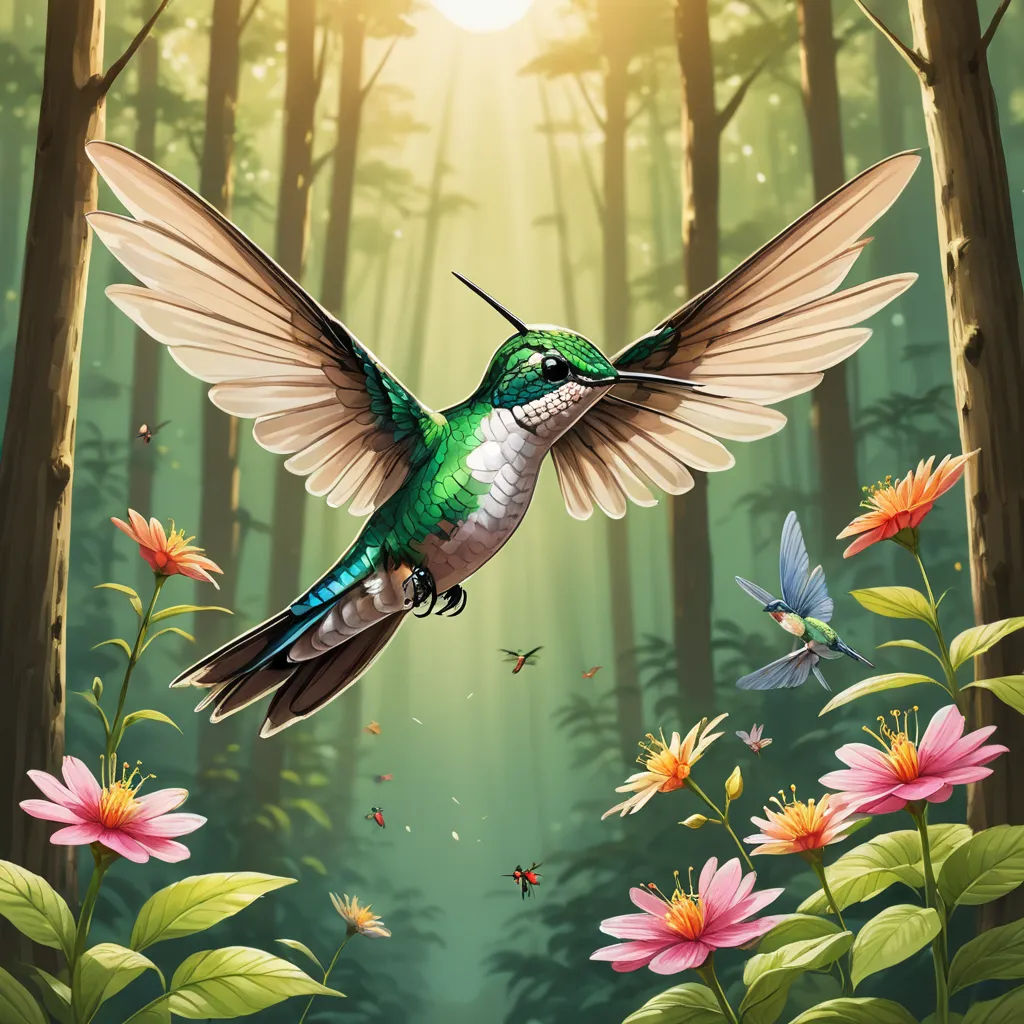 a hummingbird flying over a forest filled with flowers and butterflies with a sun shining through the trees behind it, fantasy art, a detailed painting, Chris LaBrooy, highly detailed digital painting