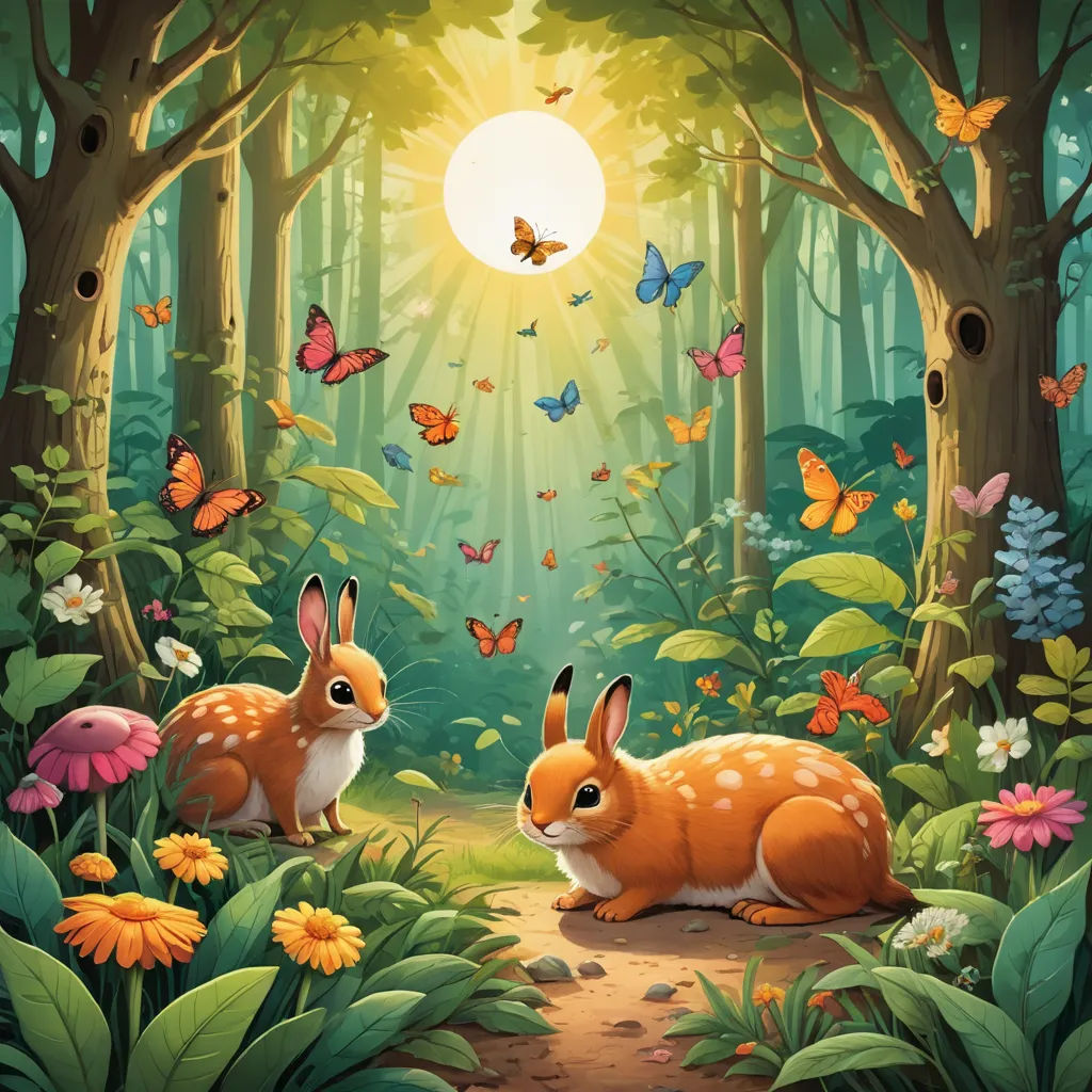 a painting of two rabbits in a forest with butterflies flying overhead and a sun shining through the trees above, magic realism, a storybook illustration, Dan Mumford, rossdraws global illumination