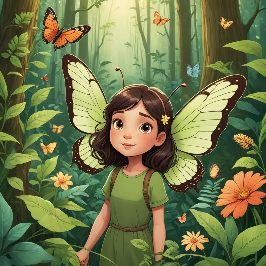 a little girl with a butterfly wings in the forest with butterflies flying around her and a butterfly in her hand, magical realism, a storybook illustration, Elinor Proby Adams, storybook illustration