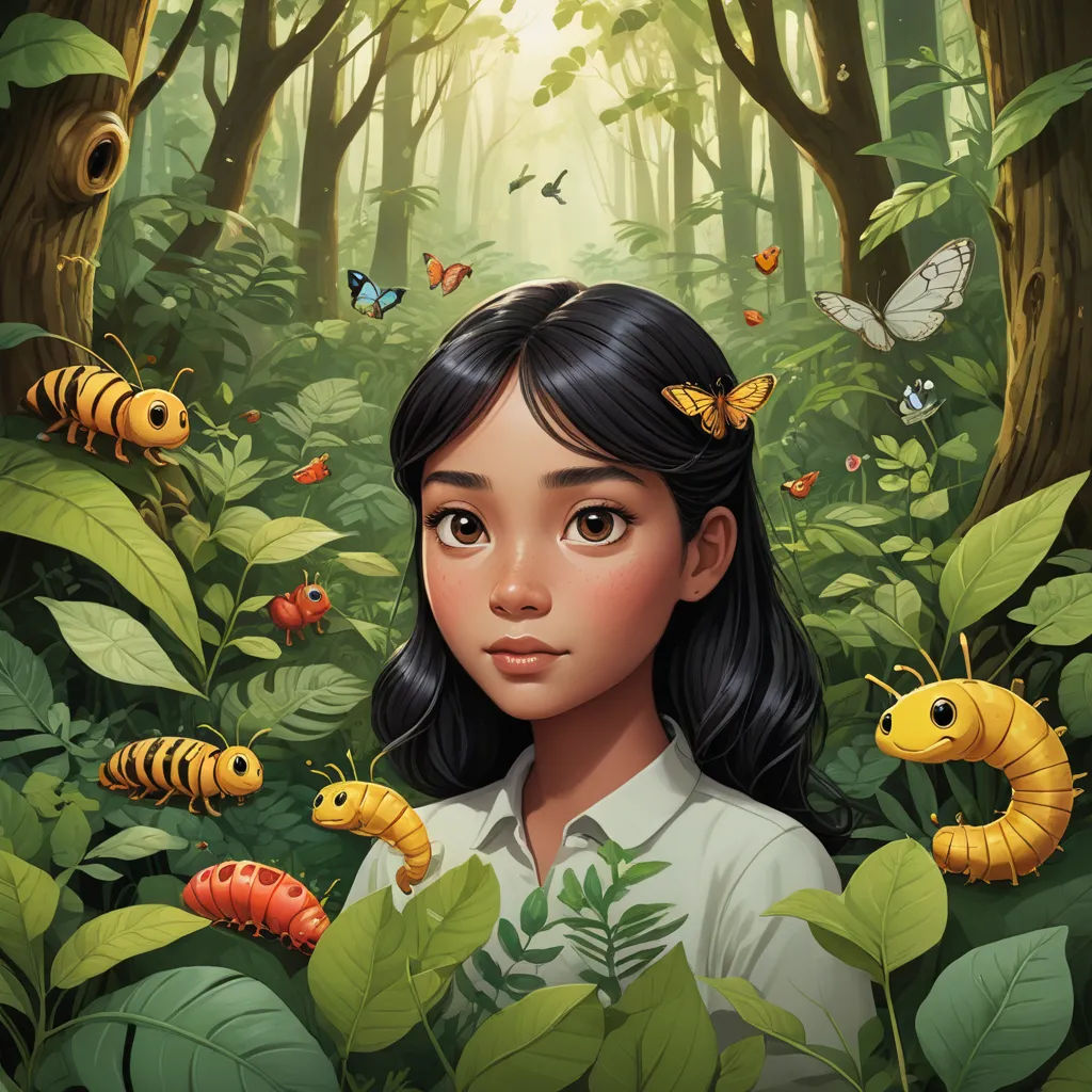 a girl in a forest with bugs and butterflies around her, and a forest scene with a forest scene with a girl and bugs, magical realism, a storybook illustration, Cliff Childs, promotional image
