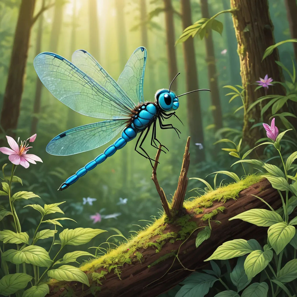a blue dragonfly sitting on a branch in a forest with flowers and plants around it, with sunlight shining through the trees, fantasy art, a storybook illustration, Chris LaBrooy, highly detailed digital painting