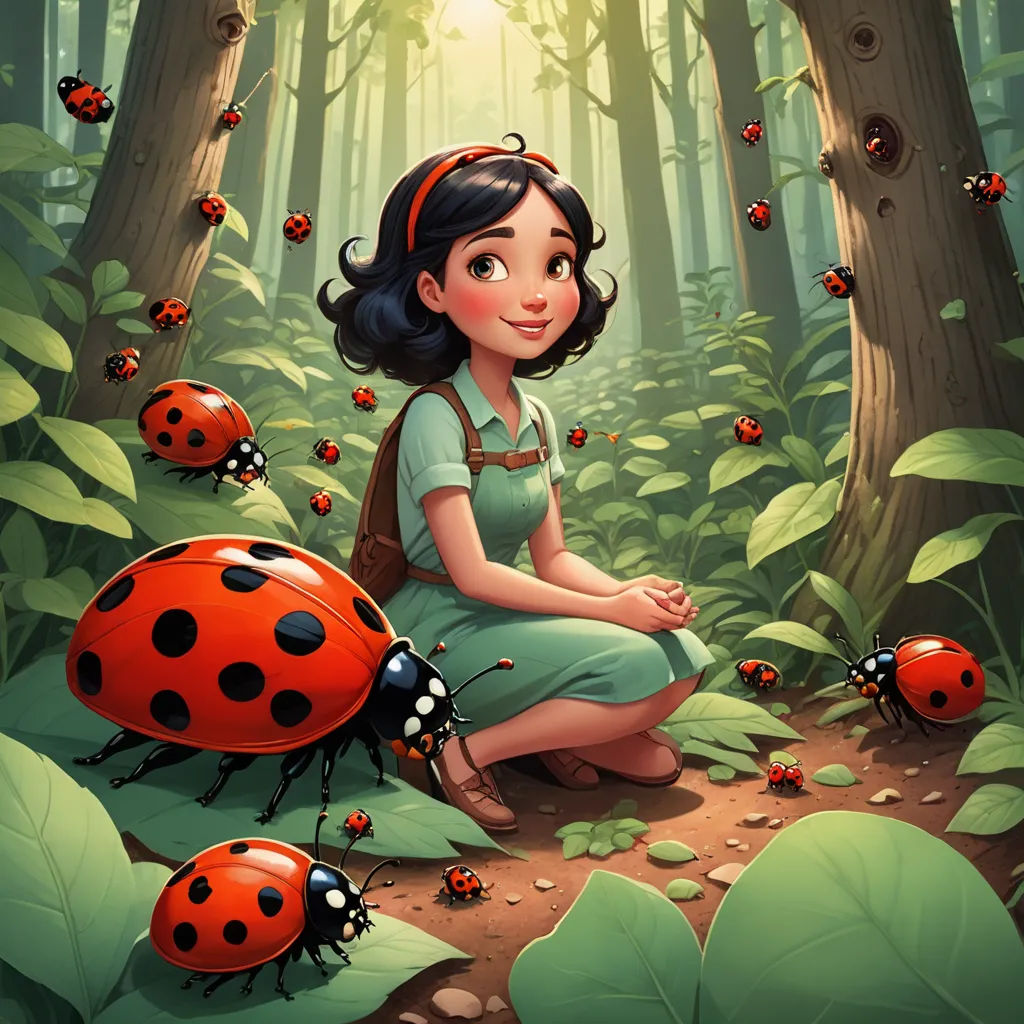 a ladybug sitting on the ground in a forest with ladybugs around her and a ladybug on the ground, fantasy art, a storybook illustration, Diego Gisbert Llorens, rossdraws global illumination