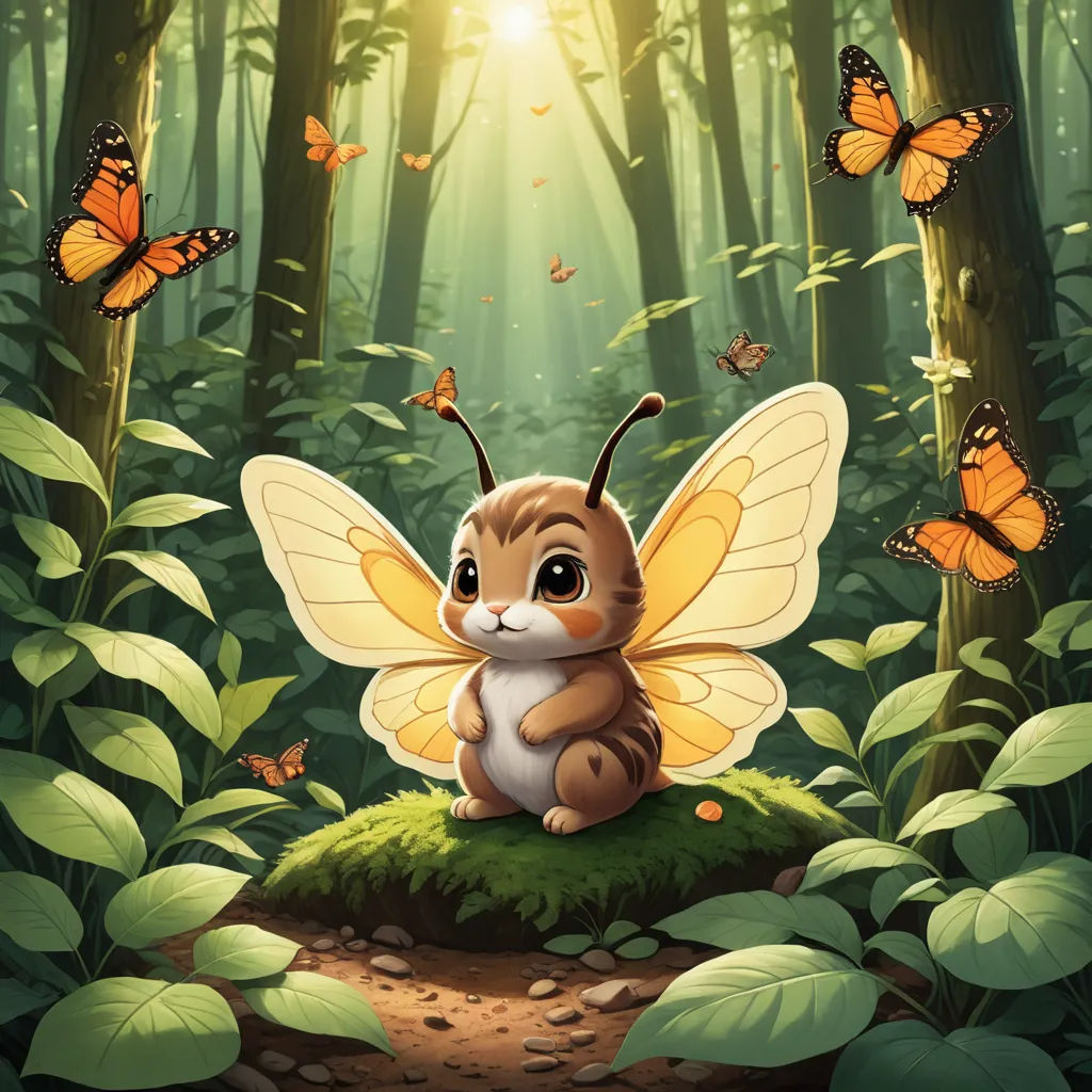 a cartoon character sitting on a mossy patch in the middle of a forest with butterflies flying around it, fantasy art, a storybook illustration, Dan Mumford, magic the gathering artwork