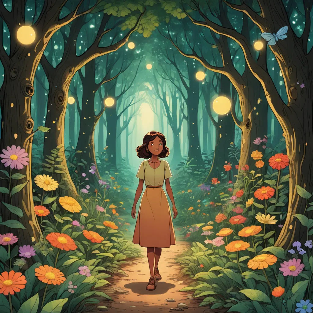 a woman walking through a forest with lots of flowers and lights on the trees and a path leading to a light bulb, magical realism, a storybook illustration, Elinor Proby Adams, comic cover art