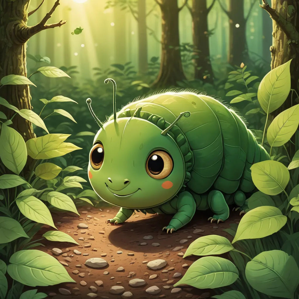 a green bug crawling in a forest with leaves on the ground and a sun shining through the trees behind it, sots art, a storybook illustration, Chris LaBrooy, official art