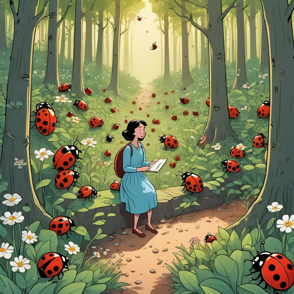 a ladybug lady reading a book in a forest with ladybugs flying around her and a path leading to a forest with ladybugs, context art, a storybook illustration, Atey Ghailan, storybook illustration