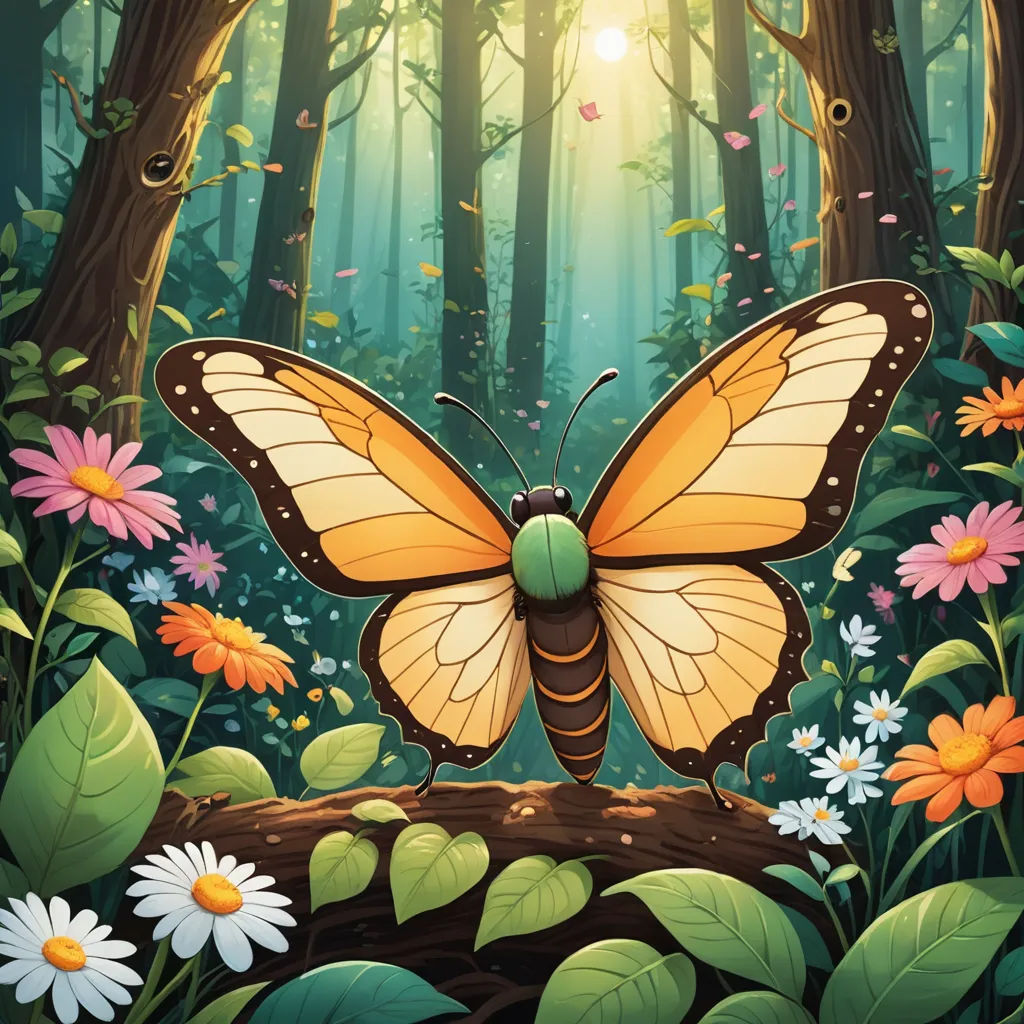 a butterfly sitting on a log in a forest with flowers and trees around it, with the sun shining through the trees, fantasy art, a storybook illustration, Dan Mumford, storybook illustration