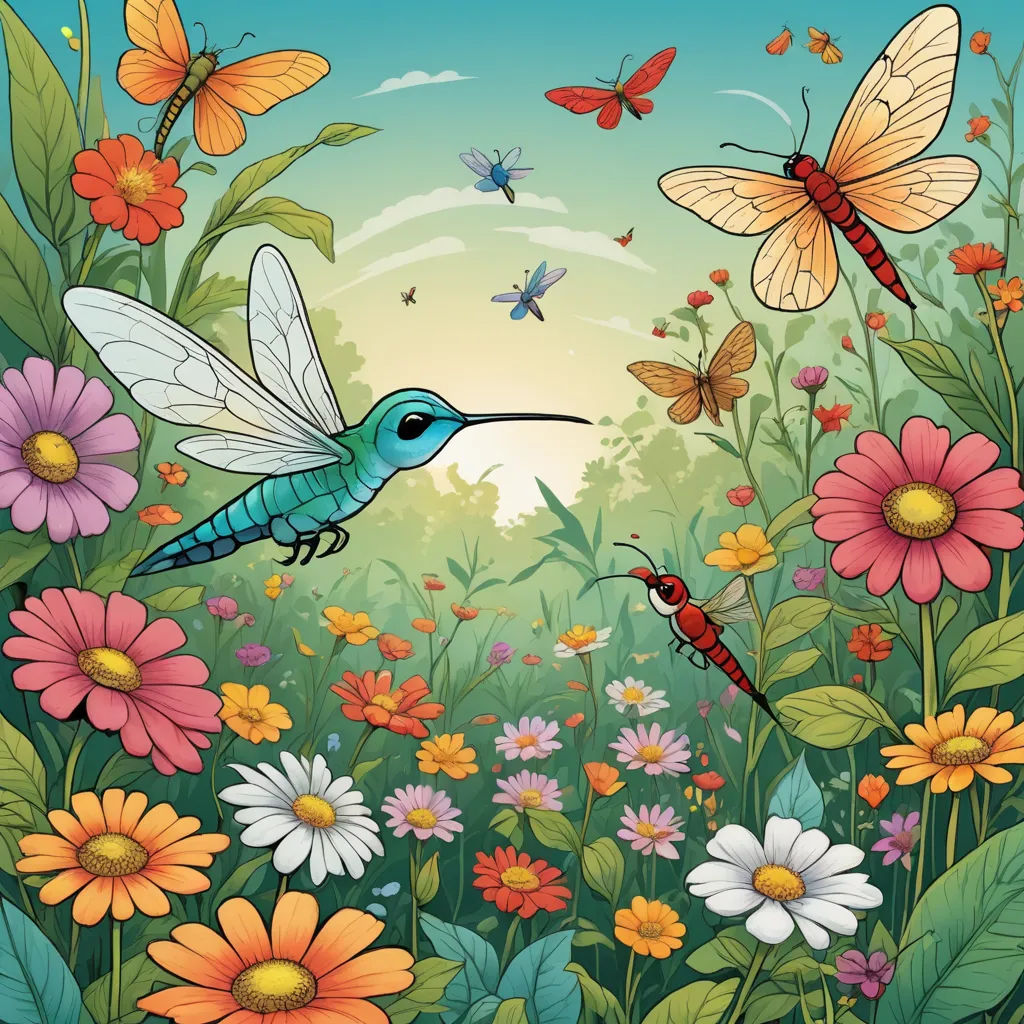 a painting of a hummingbird and butterflies in a field of flowers and daisies with a sunset in the background, psychedelic art, a storybook illustration, Chris LaBrooy, detailed illustration