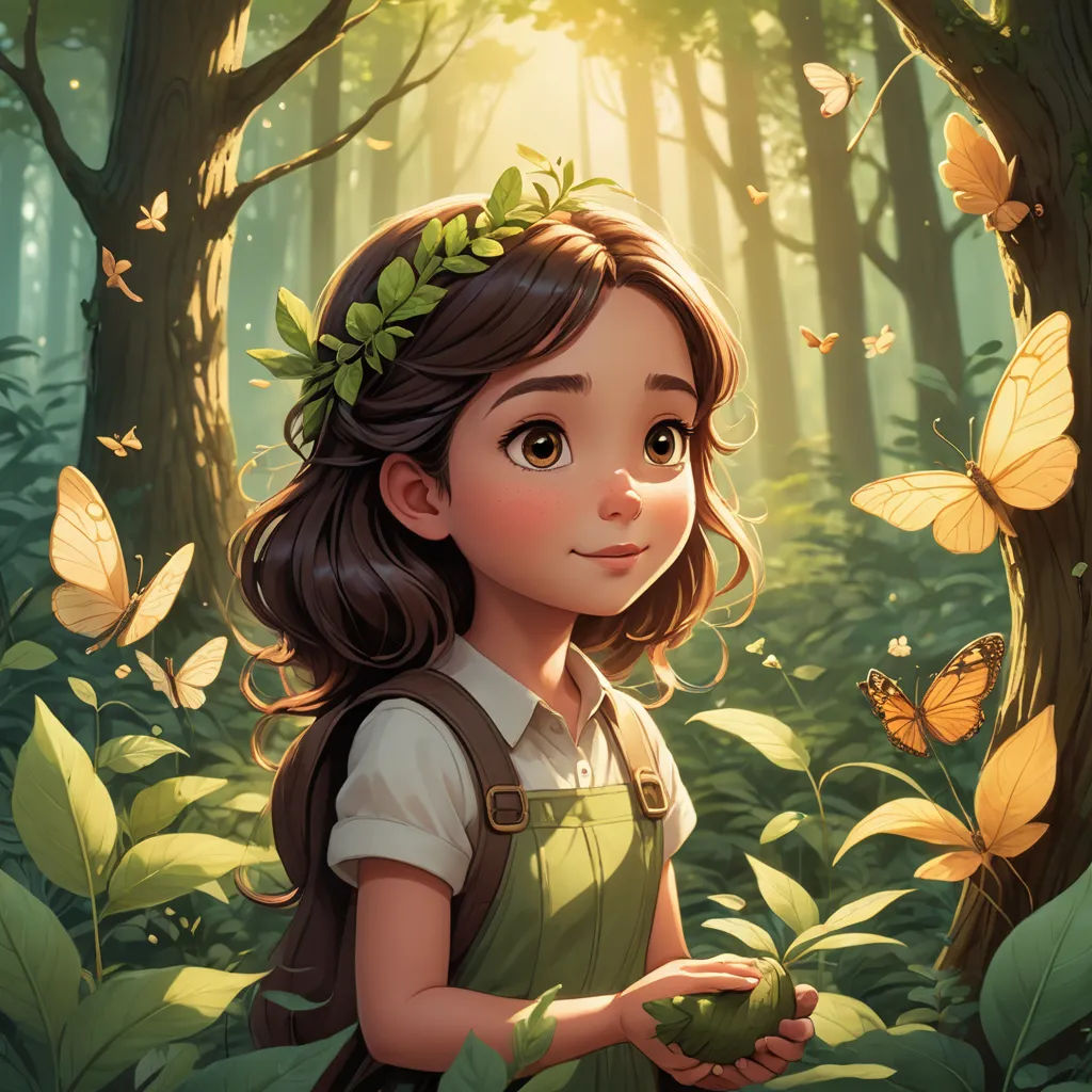 a girl in a forest holding a green apple in her hands and butterflies flying around her head, with a sunbeam in the background, fantasy art, a storybook illustration, Artgerm, rossdraws global illumination
