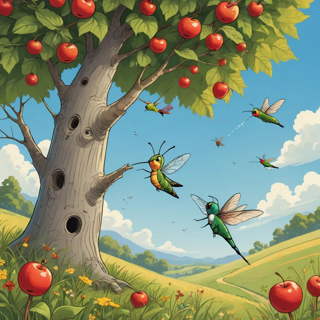 a painting of a tree with many birds flying around it and a bunch of fruit hanging from the tree, pop surrealism, a storybook illustration, David Martin, storybook illustration