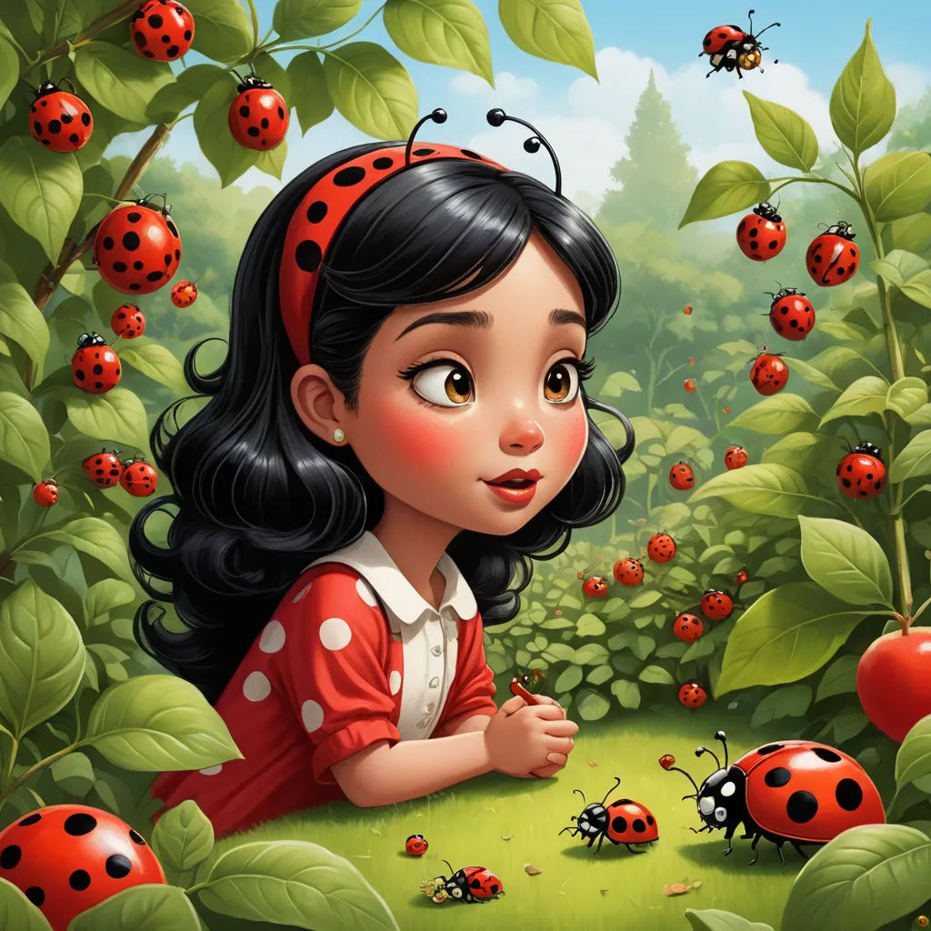 a little girl sitting in the grass with lady bugs around her and a bunch of leaves around her,, pop surrealism, a storybook illustration, David Martin, highly detailed digital painting