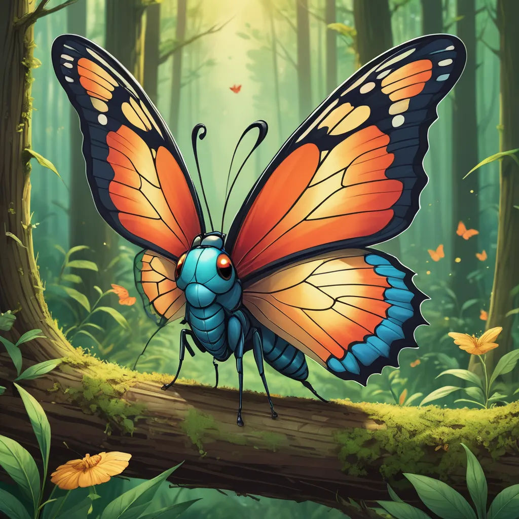 a butterfly with orange wings sitting on a branch in a forest with green leaves and flowers on the ground, fantasy art, a storybook illustration, Dan Mumford, magic the gathering artwork