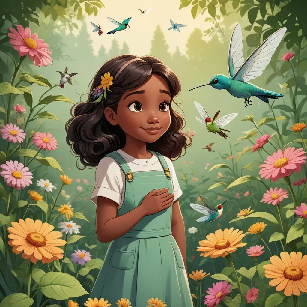 a young girl standing in a field of flowers with a hummingbird flying over her head and a hummingbird hovering over her shoulder, magical realism, a storybook illustration, Chris LaBrooy, comic cover art