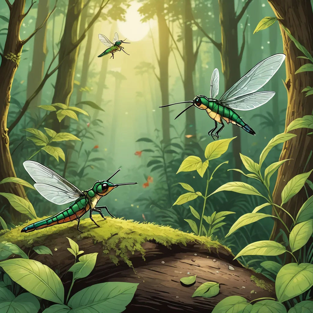 a group of mosquitoes flying over a forest filled with green leaves and plants, with a bright light shining on the ground, primitivism, a storybook illustration, Dan Mumford, detailed illustration