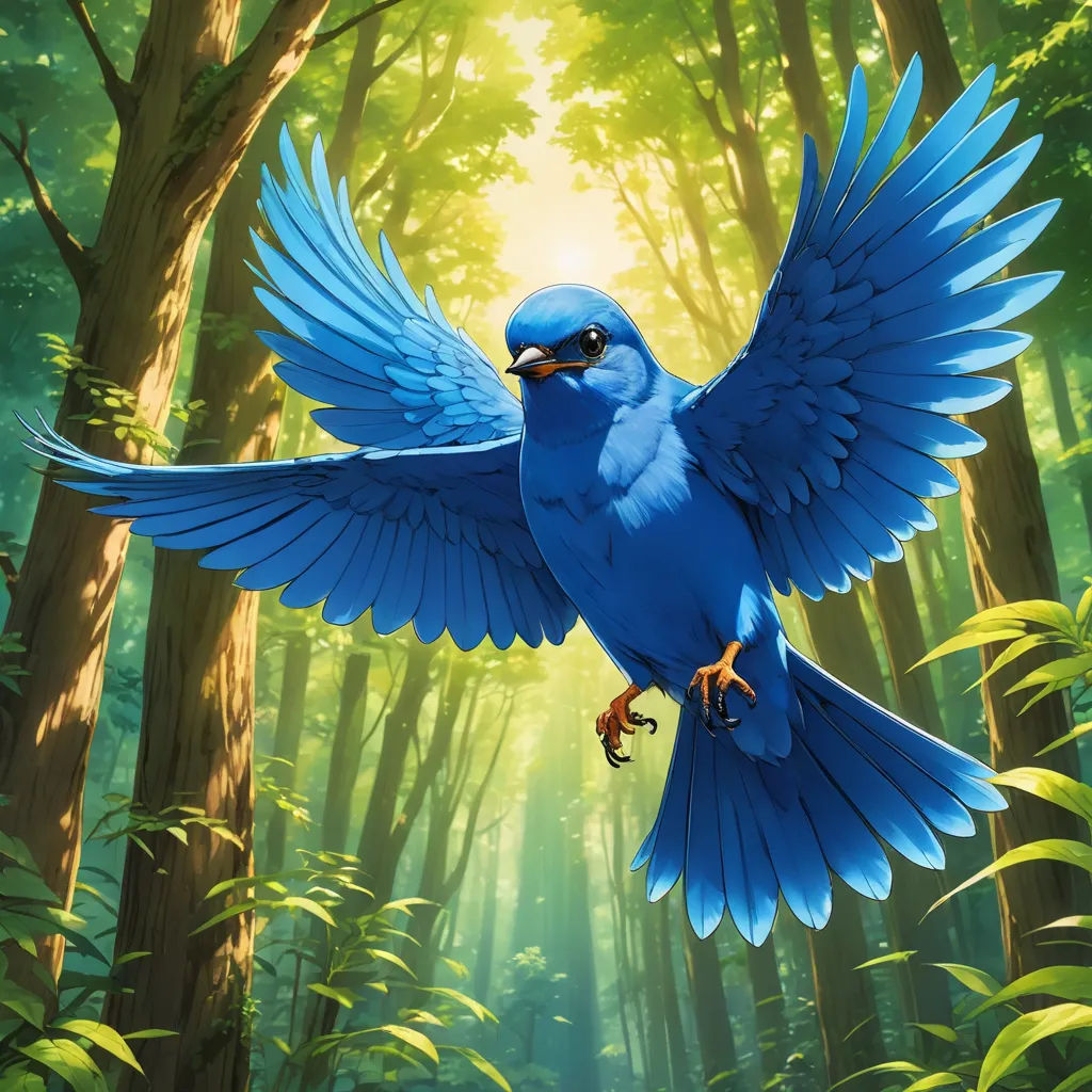 a blue bird with its wings spread in the air in a forest with trees and sunlight shining through the trees, altermodern, a digital painting, Chris LaBrooy, birds