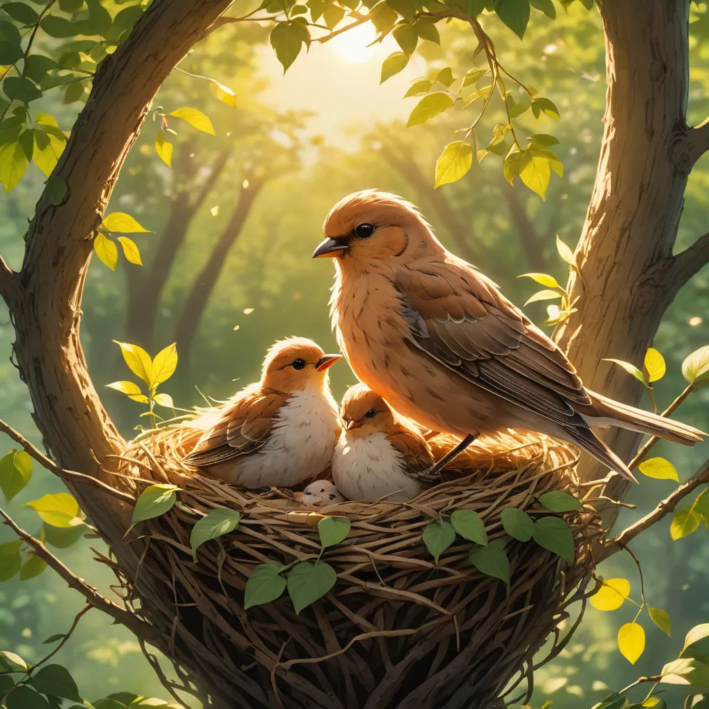 a bird nest with two baby birds sitting on top of it in a tree filled with leaves and branches, magic realism, a storybook illustration, Cyril Rolando, highly detailed digital painting