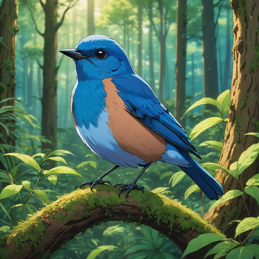 a blue bird sitting on a branch in a forest with green leaves and trees in the background, with sunlight shining through the trees, american scene painting, an illustration of, Chris LaBrooy, official art
