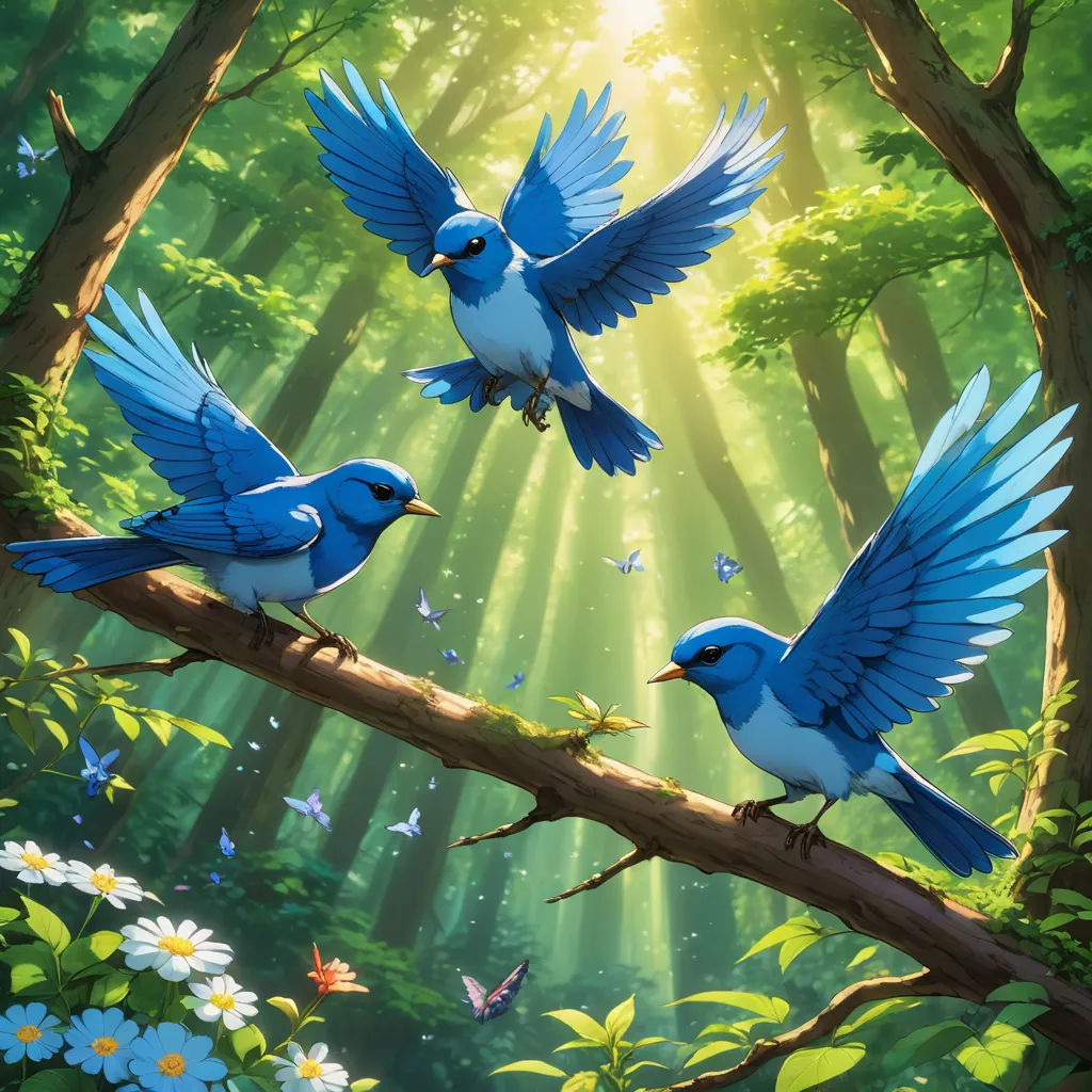 two blue birds are perched on a branch in the forest with sunlight streaming through the trees and flowers around them, altermodern, a digital painting, Chris LaBrooy, birds