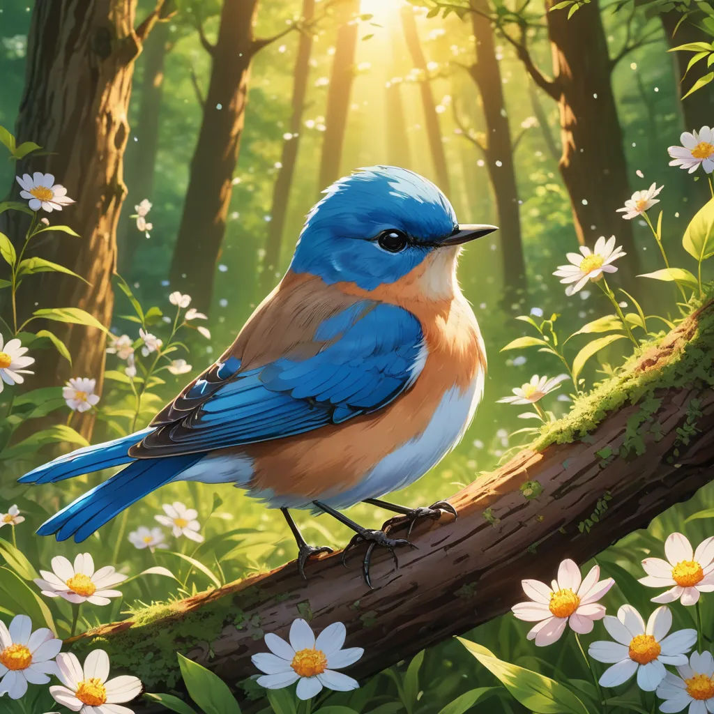 a blue bird sitting on a branch in a forest with daisies and daisies around it, with the sun shining through the trees, altermodern, a digital painting, Chris LaBrooy, birds