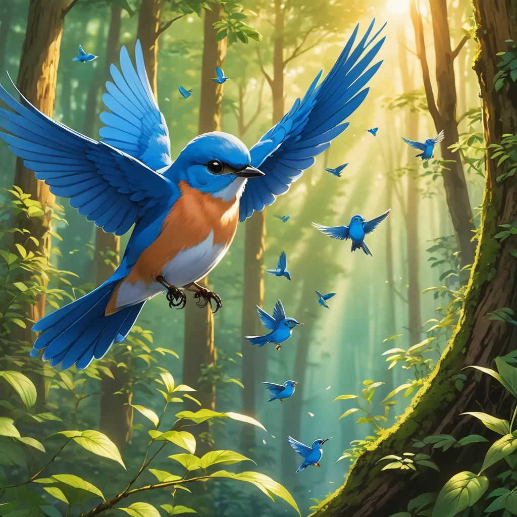 a blue bird flying through a forest filled with blue butterflies and trees with sunlight shining through the leaves and branches, altermodern, a digital painting, Chris LaBrooy, magic the gathering artwork