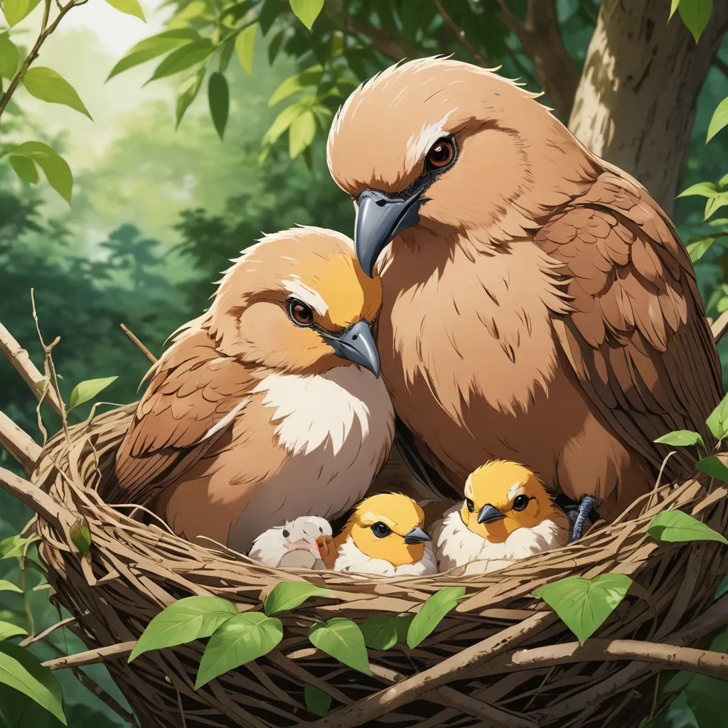 a bird nest with three baby birds in it's nest, with a tree in the background and a forest scene in the background, sots art, a storybook illustration, Don Bluth, official art