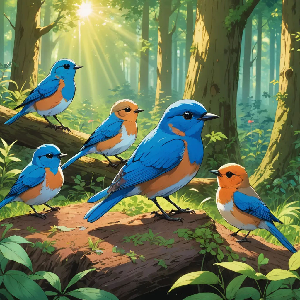 a painting of a group of birds in a forest with sunlight shining through the trees and leaves on the ground, american scene painting, a storybook illustration, Chris LaBrooy, birds