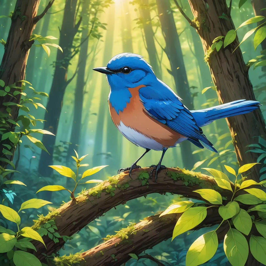 a blue bird sitting on a branch in a forest with sunlight streaming through the trees and leaves on the ground, altermodern, a digital painting, Chris LaBrooy, birds