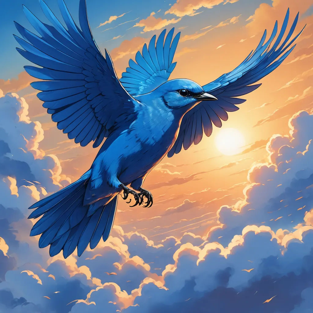 a blue bird flying through a cloudy sky with the sun in the background and clouds in the foreground, fantasy art, a comic book panel, Chris LaBrooy, sky