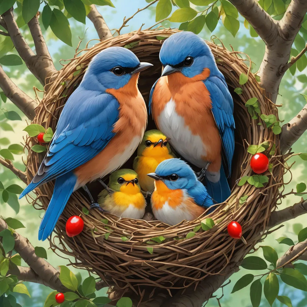 a painting of three birds sitting in a nest with their babies in it's nest on a tree, american scene painting, a detailed painting, Chris LaBrooy, highly detailed digital painting